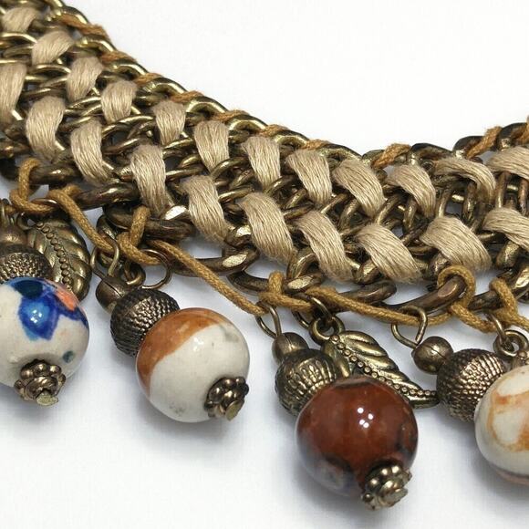 Bohemian Statement Necklace Woven Gold Tone with Earth Tone Ceramic Beads - Picture 8 of 8